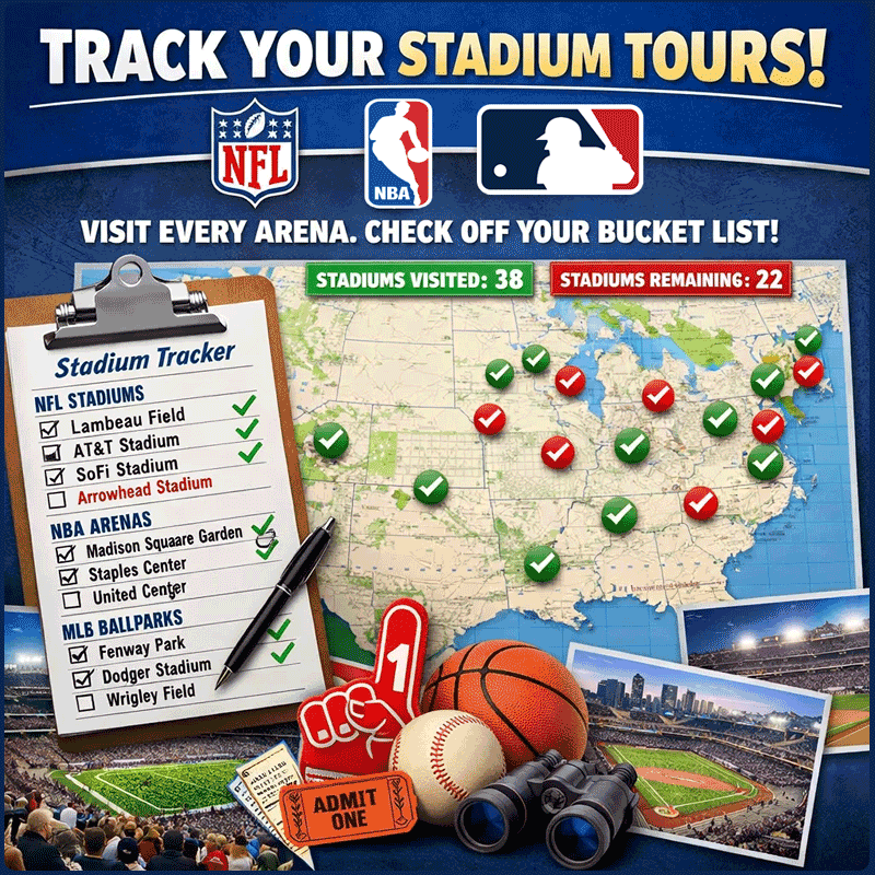 Track your NFL, NBA, and MLB stadium visits! Track your bucket list!